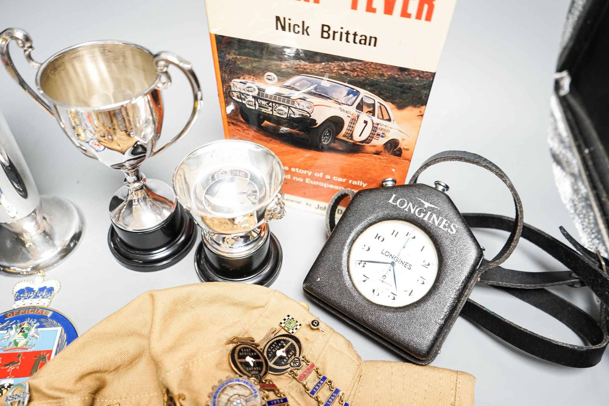 An East African Safari automobilia including Longines timer, 1950's and early 1960's